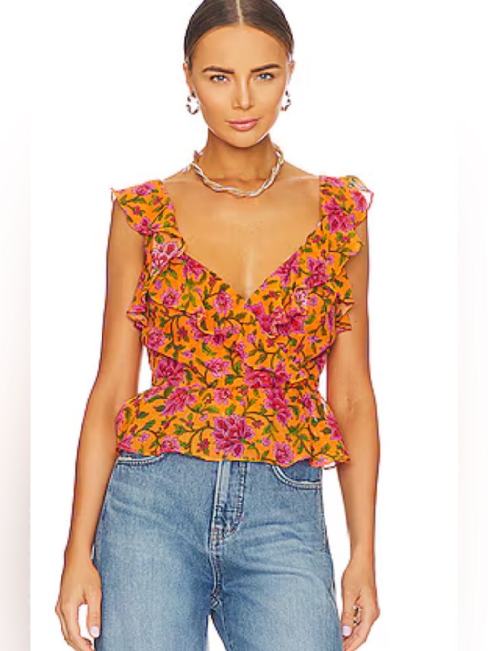 Veronica Beard Yellow Floral Ruffle Peplum Top S